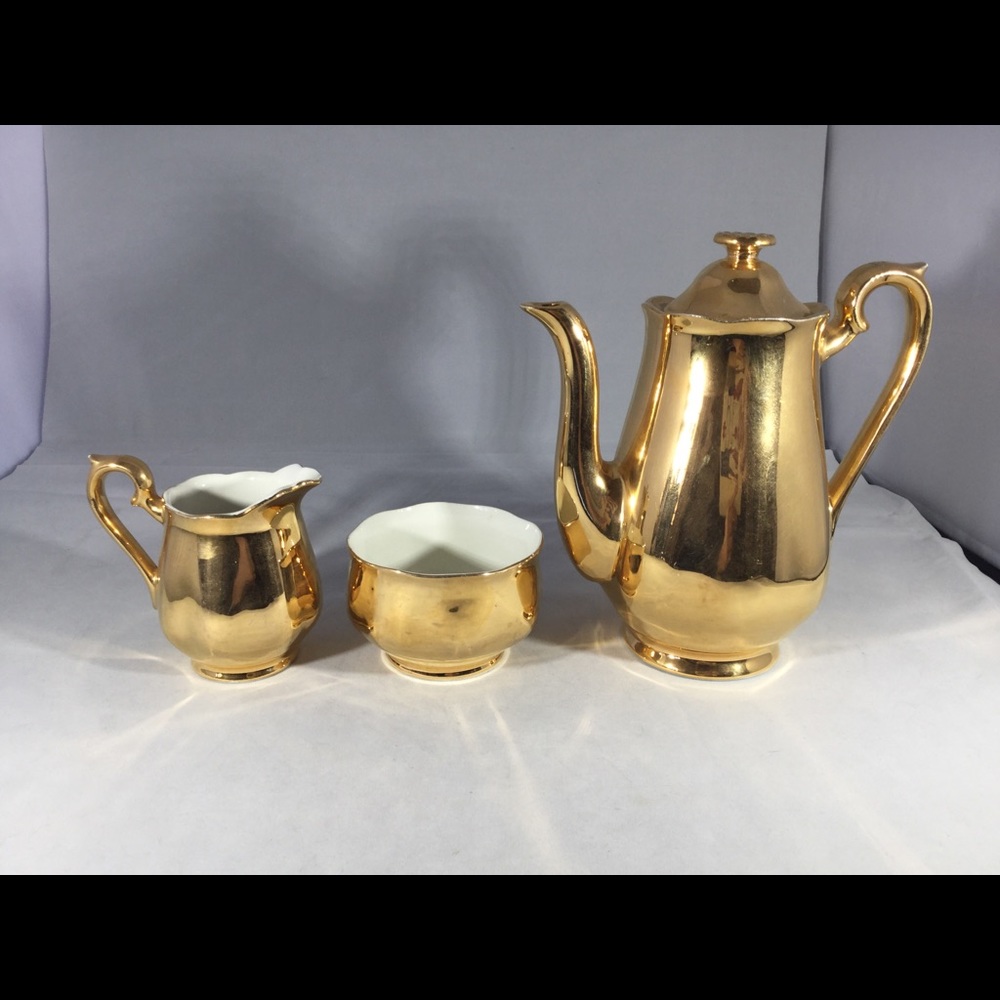 VTG Hall Gold Coffee Pot, Creamer & Sugar Bowl #3322, 3323 & 3324